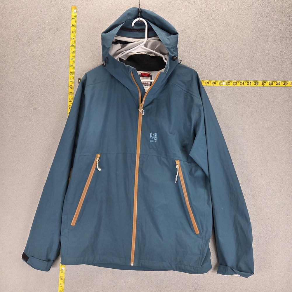 Topo Designs Jacket Mens Large Blue Hooded Waterproof Full Zip Rain Shell